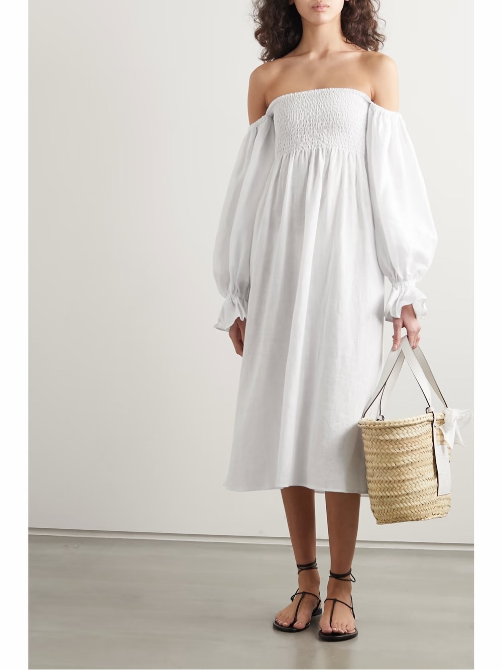 NET-A-PORTER - Sleeper - White Atlanta Off-The-Shoulder Shirred Linen Midi Dress